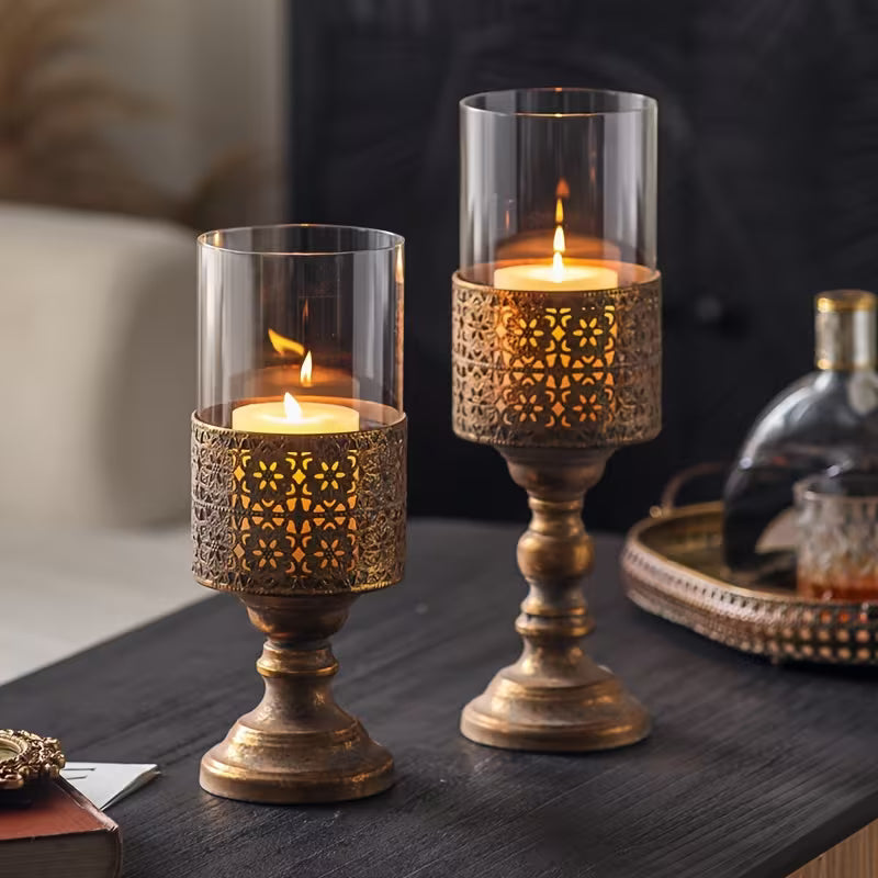 Rustic Glass Candle Holder Set – Vintage Metal Base Lantern Stands