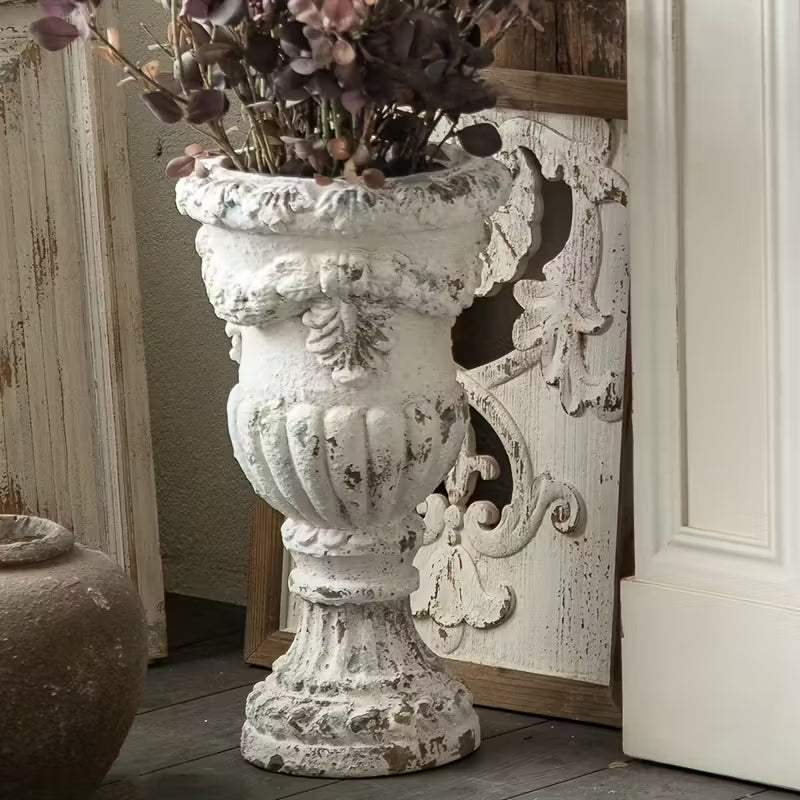 Antique White Classical Urn Planter – Vintage Pedestal Garden Vase