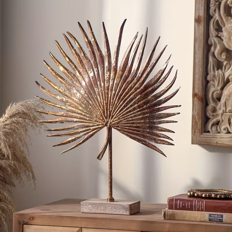 Rustic Palm Leaf Metal Sculpture – Vintage Statement Table Accent