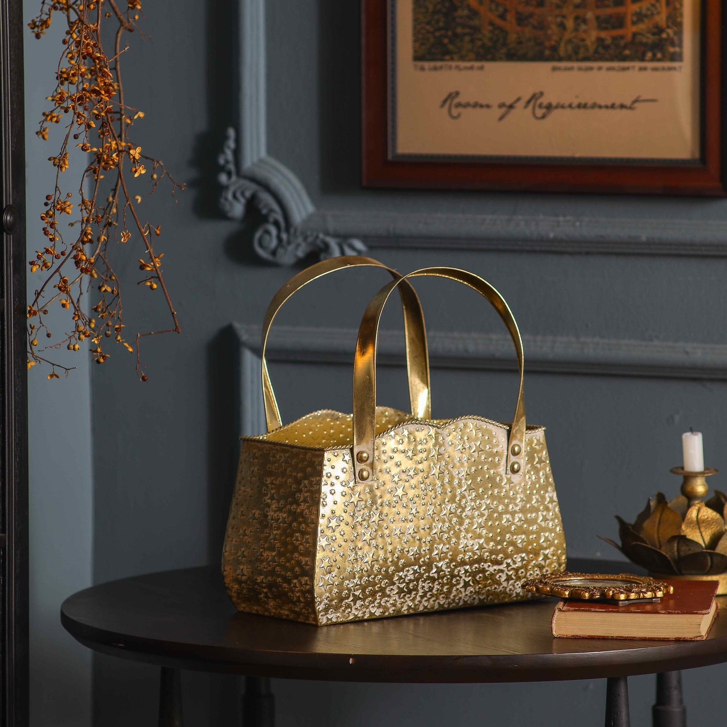 Rustic Hammered Gold Metal Decorative Basket | Luxury Tabletop Home Décor