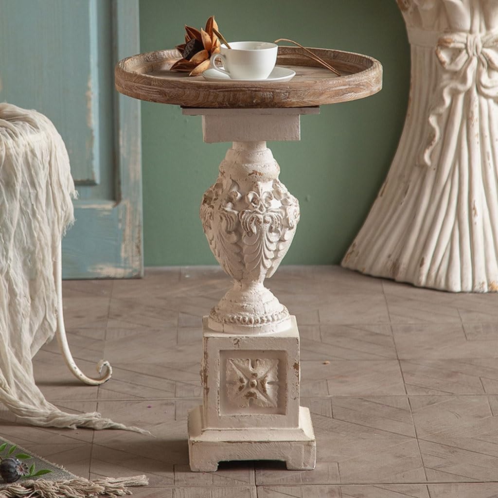 Vintage Pedestal Side Table – Rustic Carved Accent Table