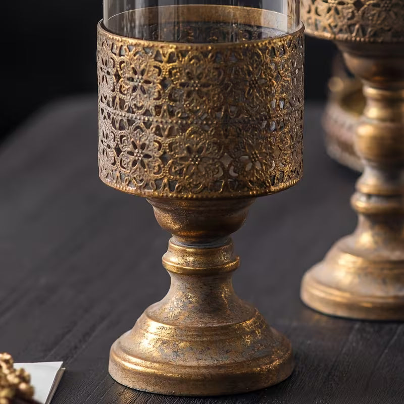 Rustic Glass Candle Holder Set – Vintage Metal Base Lantern Stands