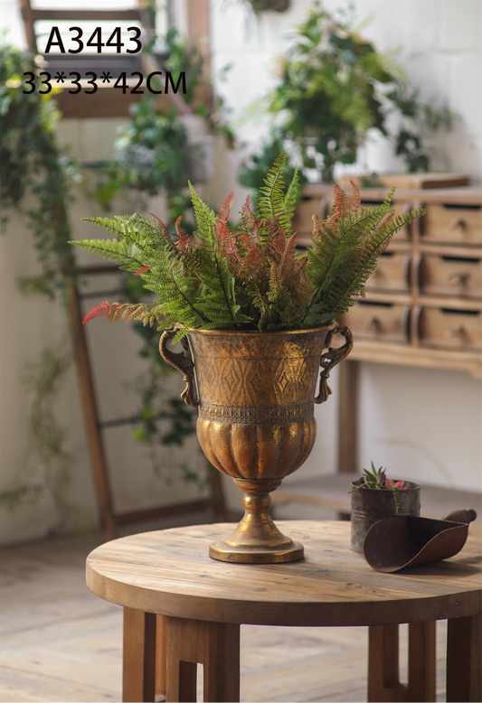 Antique Regal Urn Planter – Rustic Metal Pedestal Vase for Home Décor