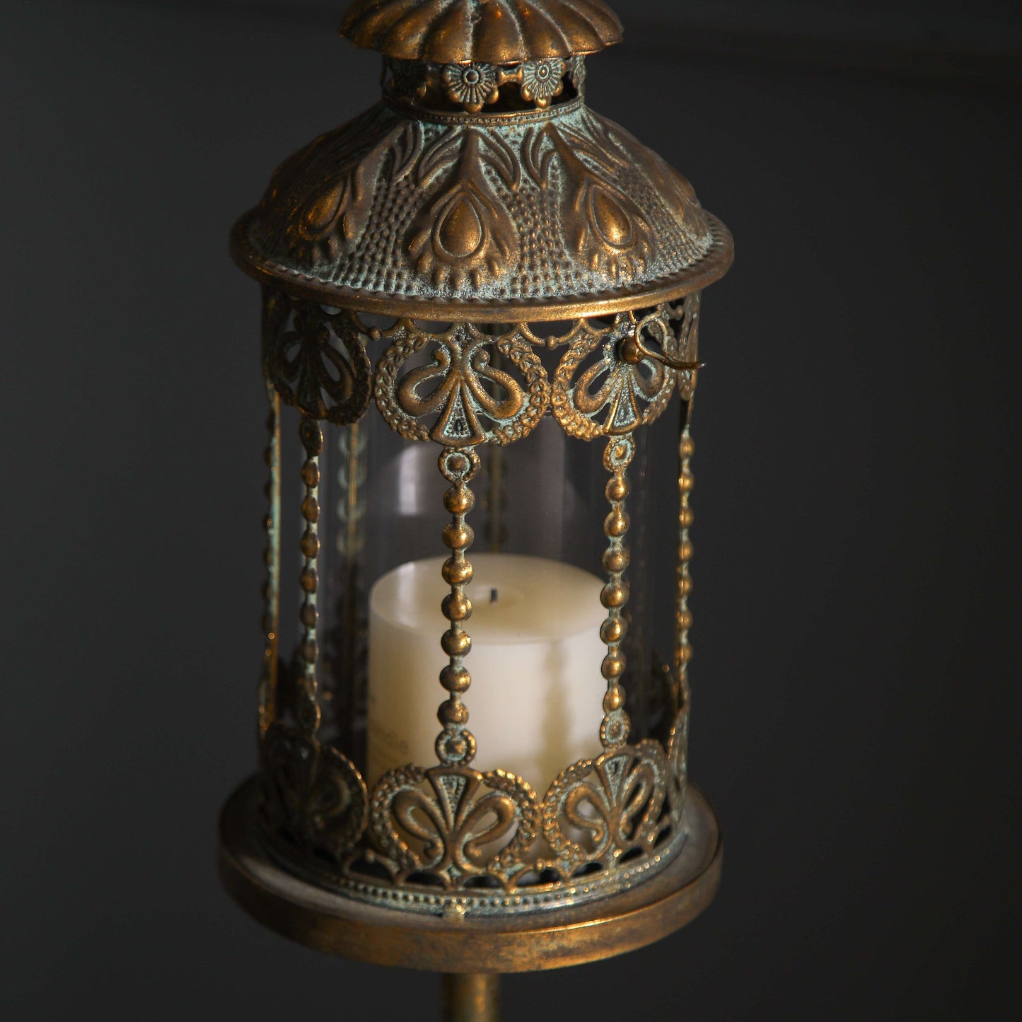 Antique Brass Floor Lantern Candle Holder – Ornate Vintage Pillar Candle Stand