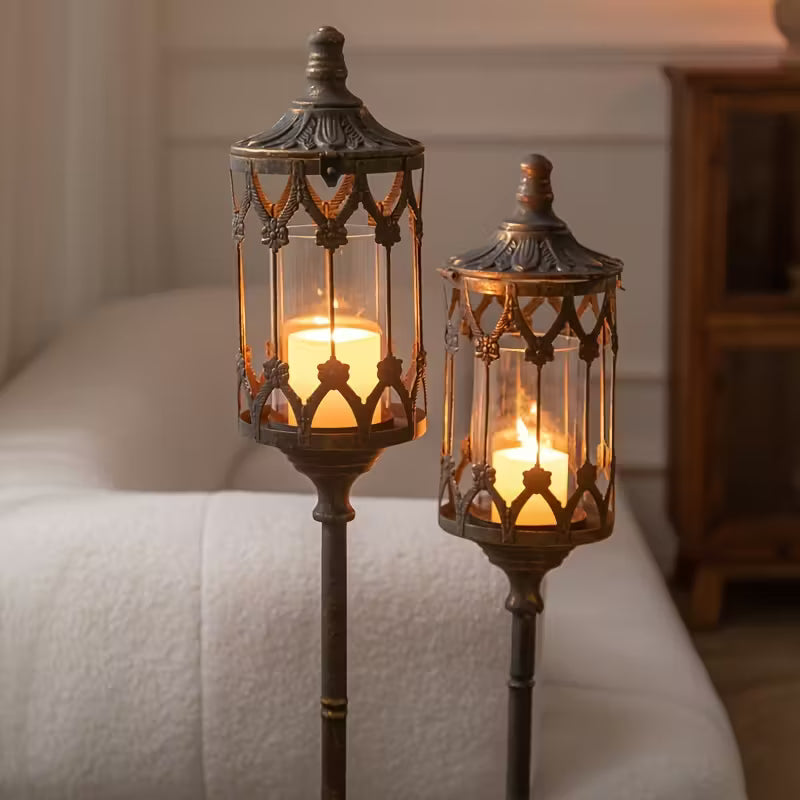 Vintage Wrought Iron Floor Standing Lanterns