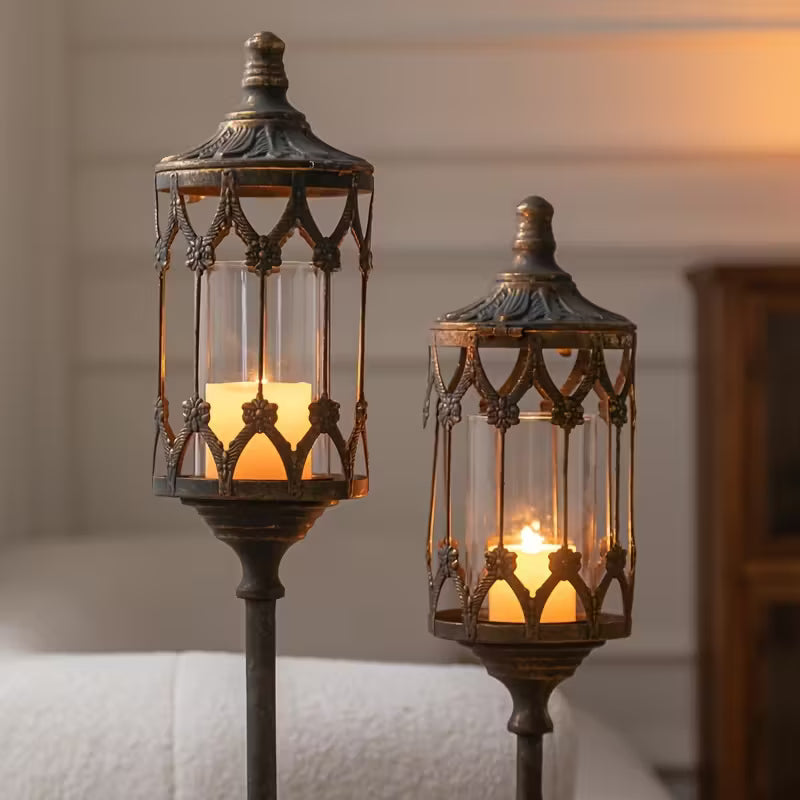 Vintage Wrought Iron Floor Standing Lanterns