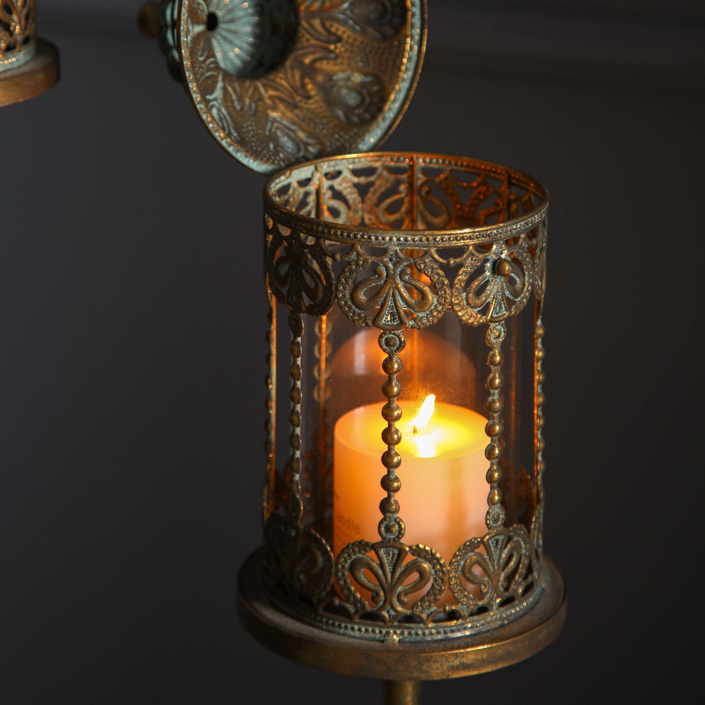 Antique Brass Floor Lantern Candle Holder – Ornate Vintage Pillar Candle Stand