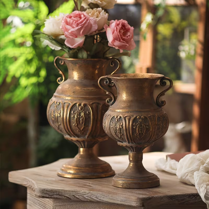Rustic Vintage Metal Vase – Antique Floral Urn Planters