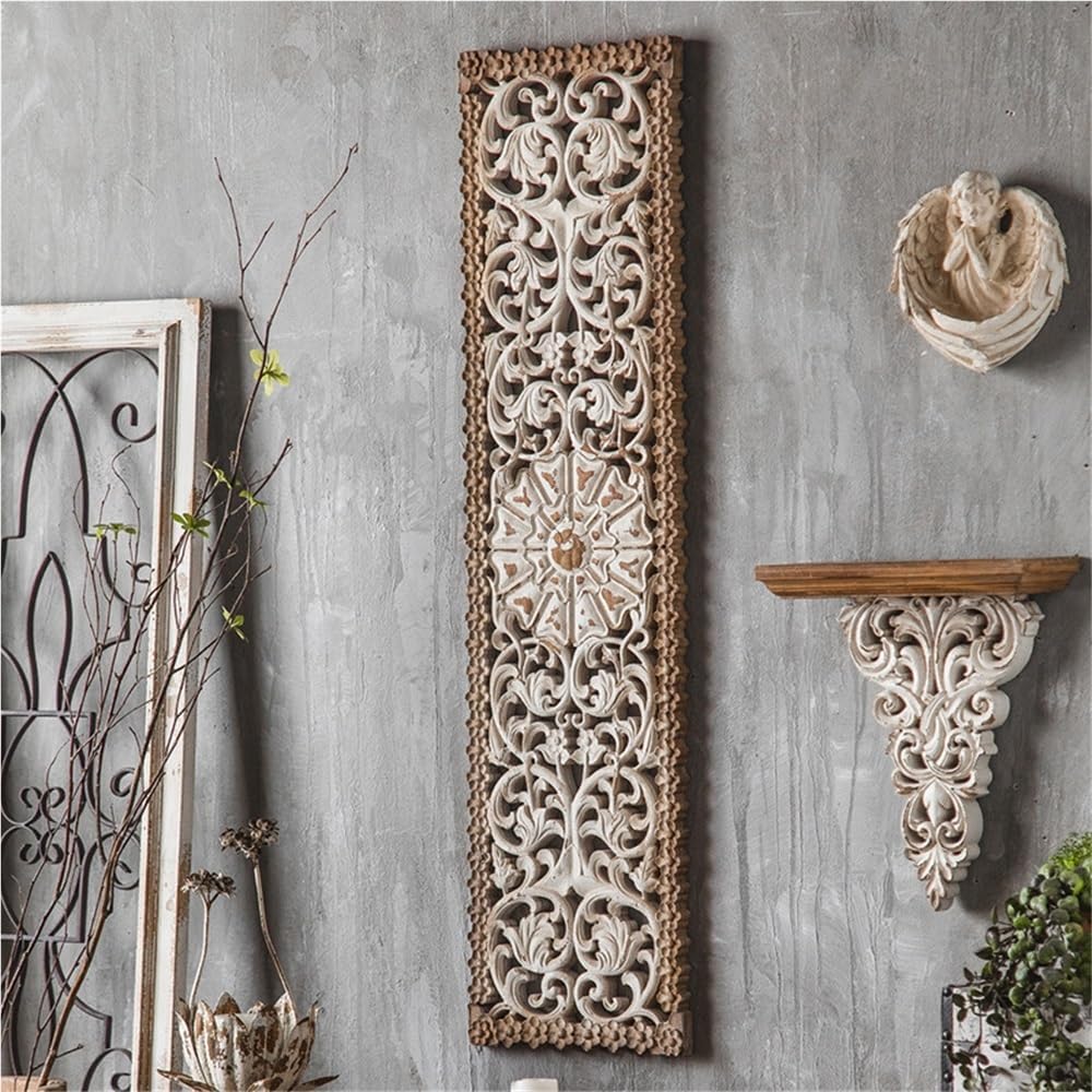 Rustic Hand-Carved Vertical Wall Panel – Antique Floral Wooden Wall Decor