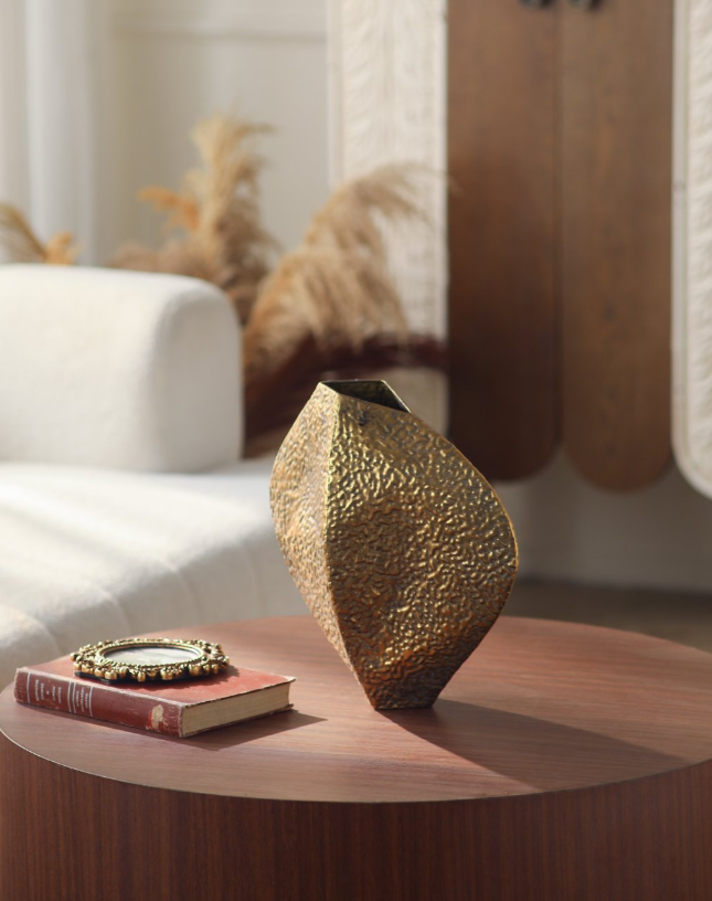 Geometric Hammered Gold Metal Vase  – Modern Rustic Sculptural Décor