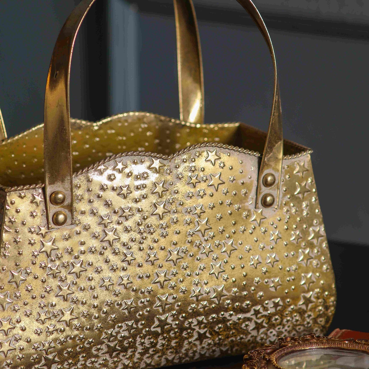 Rustic Hammered Gold Metal Decorative Basket | Luxury Tabletop Home Décor