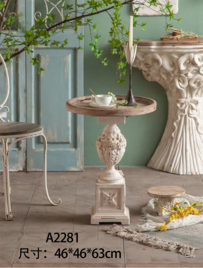 Vintage Pedestal Side Table – Rustic Carved Accent Table