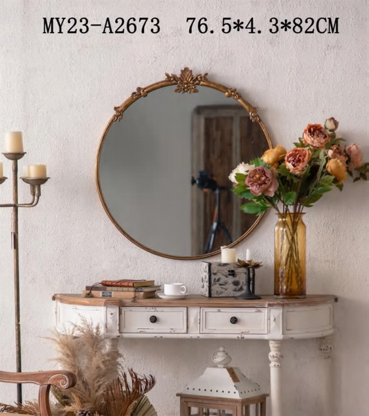 Vintage Gold Round Wall Mirror – Ornate Metal Frame Rustic Décor