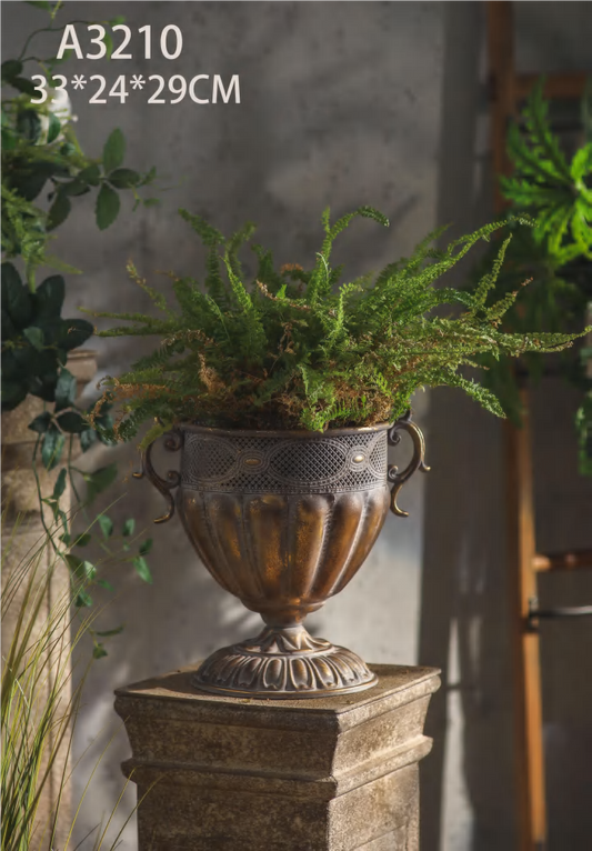 Vintage Rustic Metal Urn Planter with Handles – Antique Pedestal Garden Vase Décor