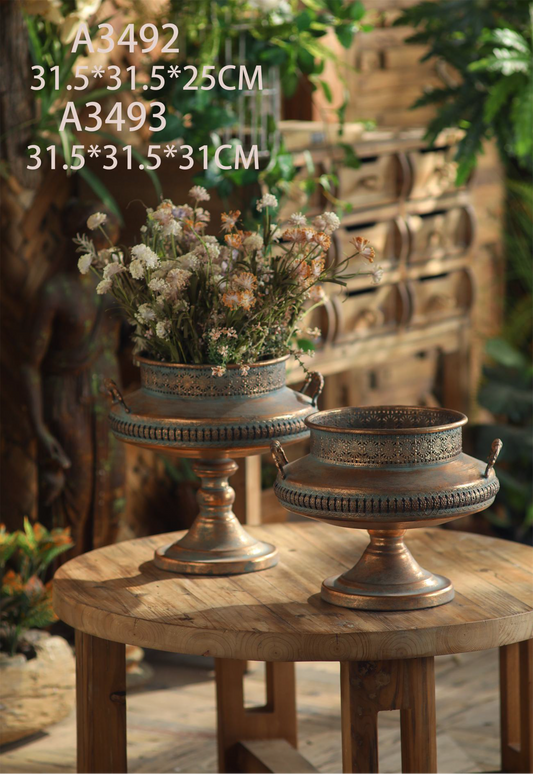 Vintage Dual Pedestal Urn Planter – Rustic Antique Metal Flower Vases