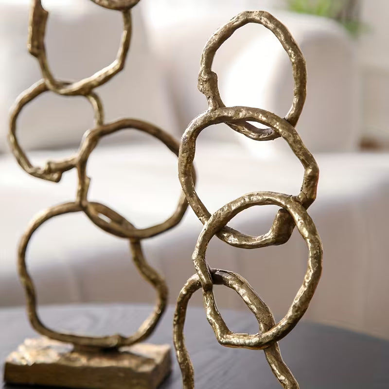 Abstract Ring Metal Sculpture – Rustic Gold Artistic Table Decor