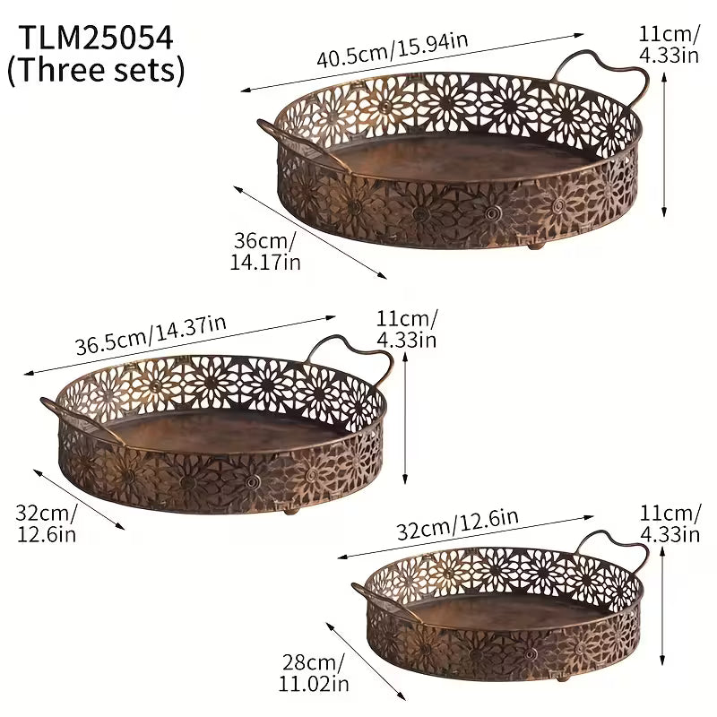 Vintage Bloom Metal Tray Set – Handcrafted Floral Serving Trio