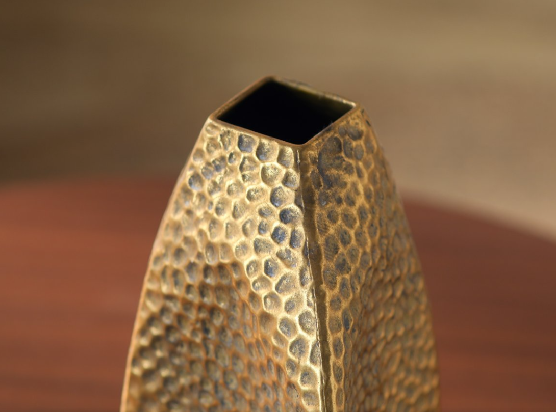 Geometric Hammered Gold Metal Vase  – Modern Rustic Sculptural Décor