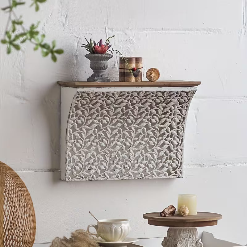Rustic Carved Wall Shelf Cabinet – Vintage Hanging Storage Console
