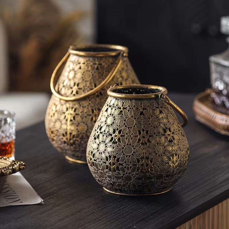 Rustic Antique Metal Lantern Set – Floral Cutwork Candle Holders