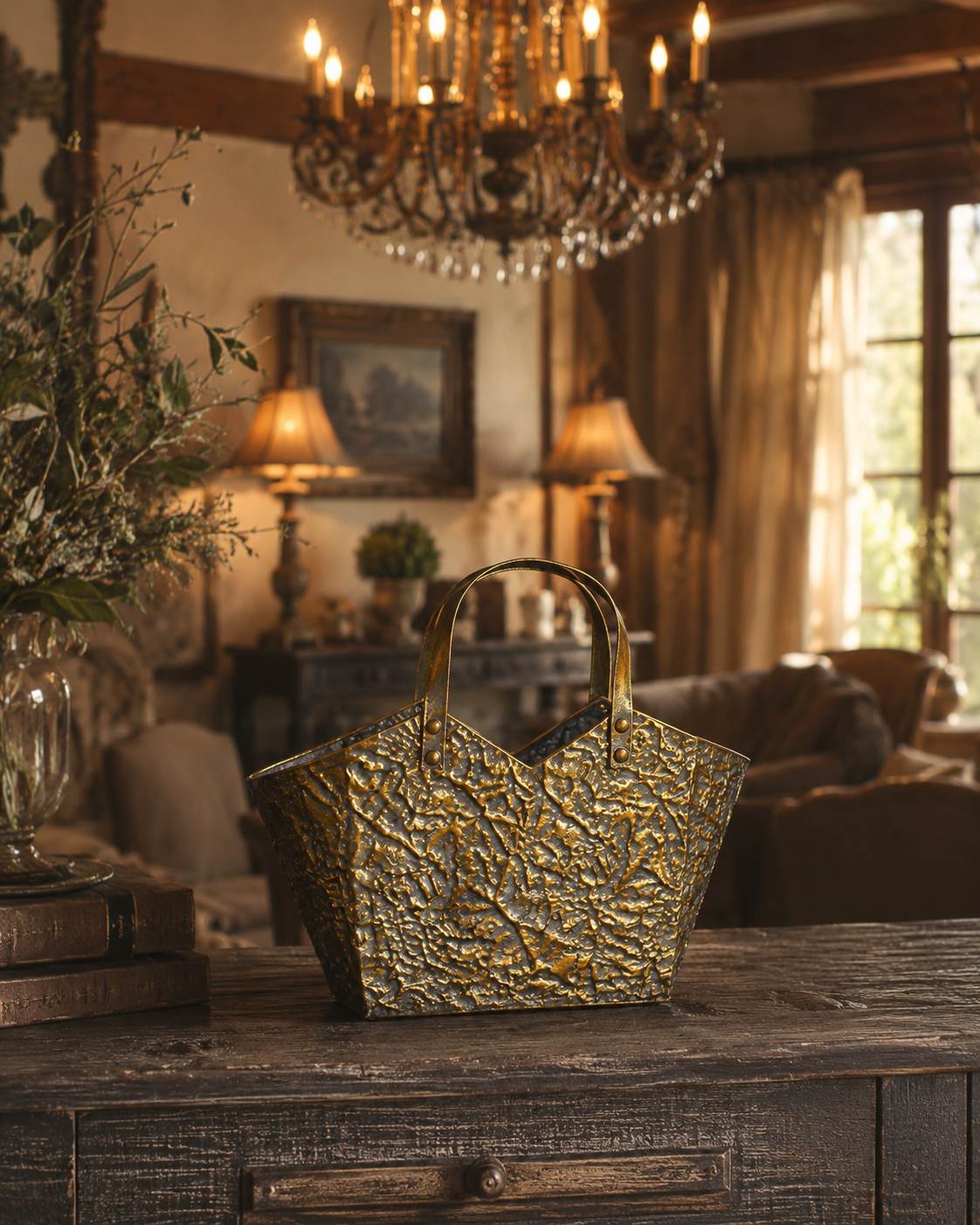 Antique Gold Textured Metal Basket Vase – Rustic Floral Home Décor Basket