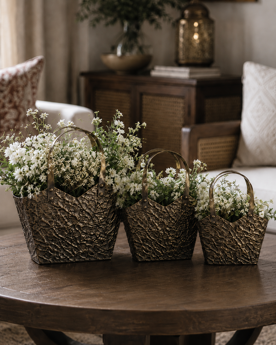 Antique Gold Textured Metal Basket Vase – Rustic Floral Home Décor Basket