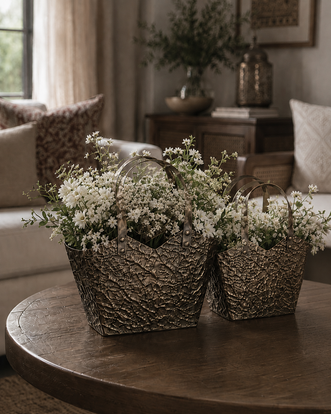Antique Gold Textured Metal Basket Vase – Rustic Floral Home Décor Basket