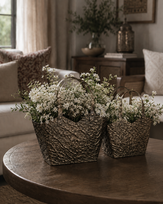 Antique Gold Textured Metal Basket Vase – Rustic Floral Home Décor Basket
