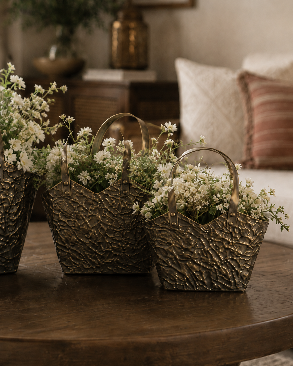 Antique Gold Textured Metal Basket Vase – Rustic Floral Home Décor Basket