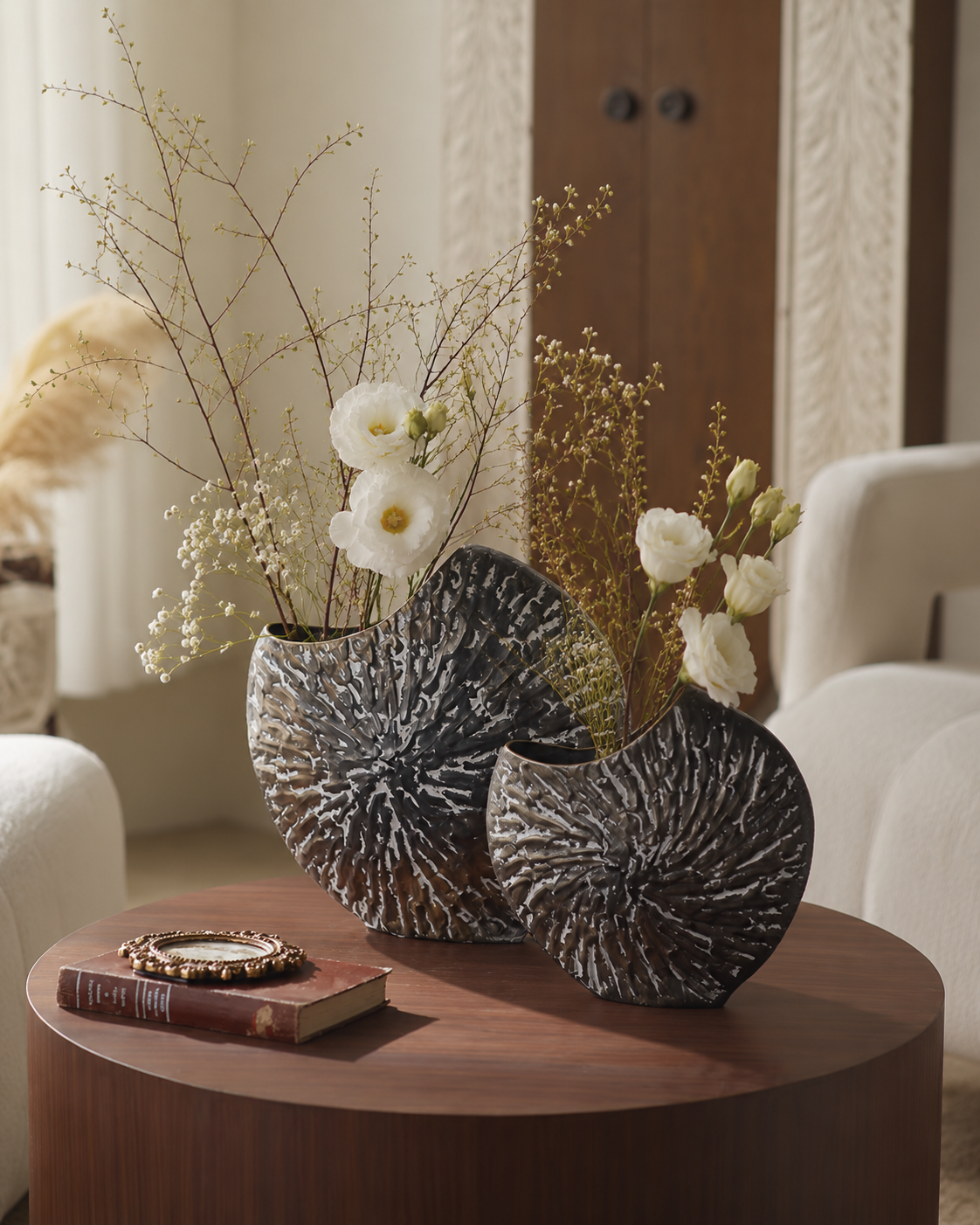 Sculpted Silver Fan Vase – Textured Modern Rustic Decorative Flower Vase