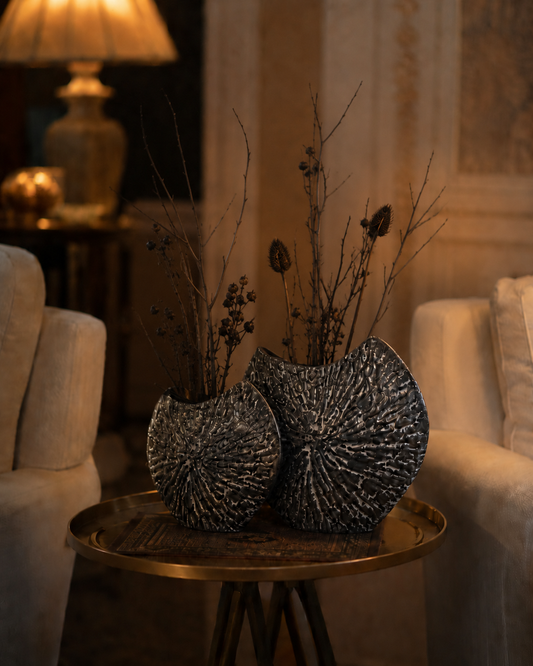 Sculpted Silver Fan Vase – Textured Modern Rustic Decorative Flower Vase