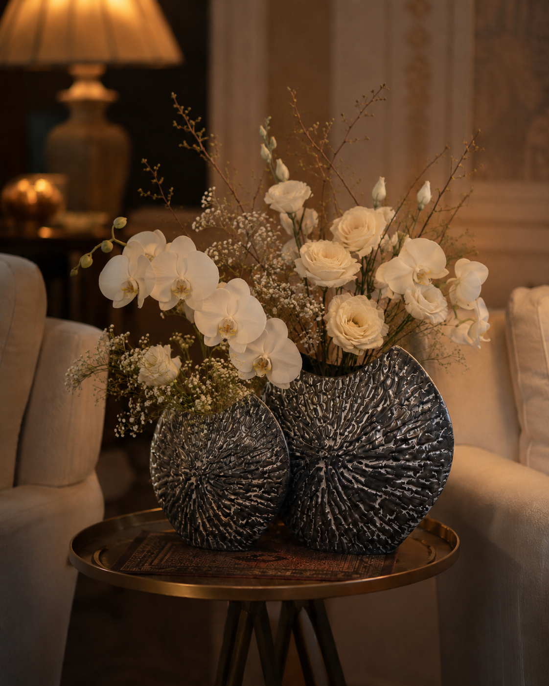 Sculpted Silver Fan Vase – Textured Modern Rustic Decorative Flower Vase