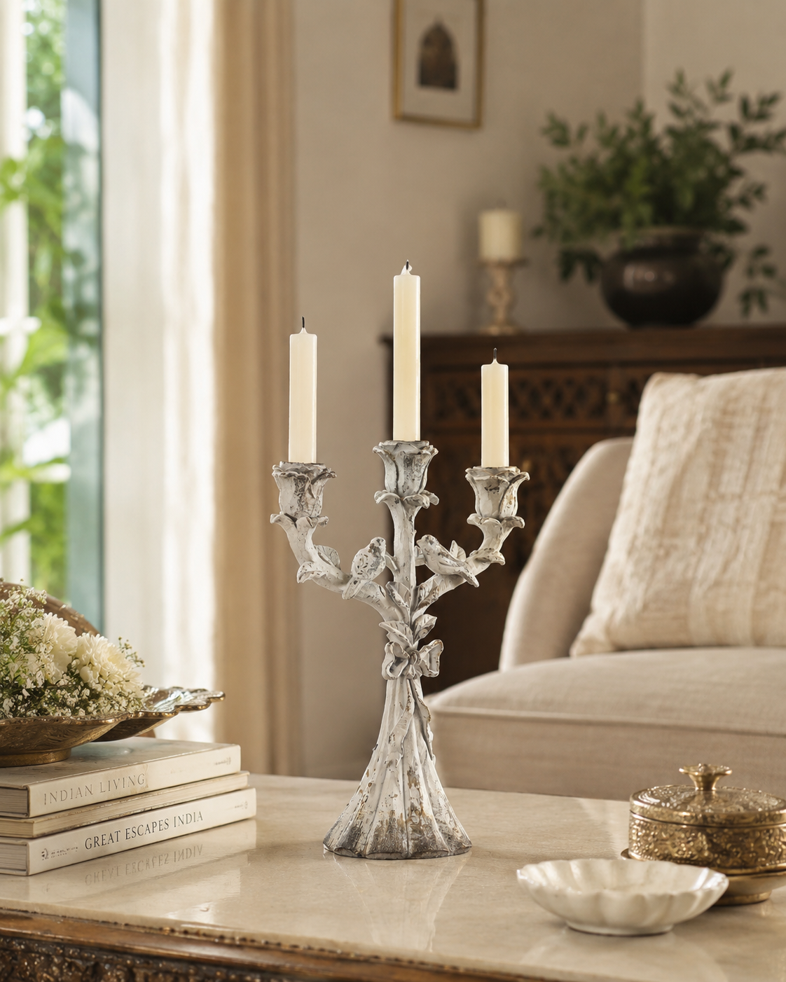 Vintage Ivory Bird Candelabra – Distressed Three-Arm Floral Candle Holder
