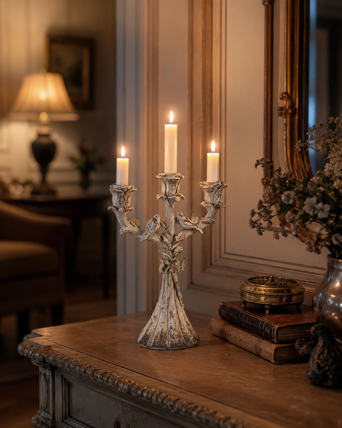 Vintage Ivory Bird Candelabra – Distressed Three-Arm Floral Candle Holder