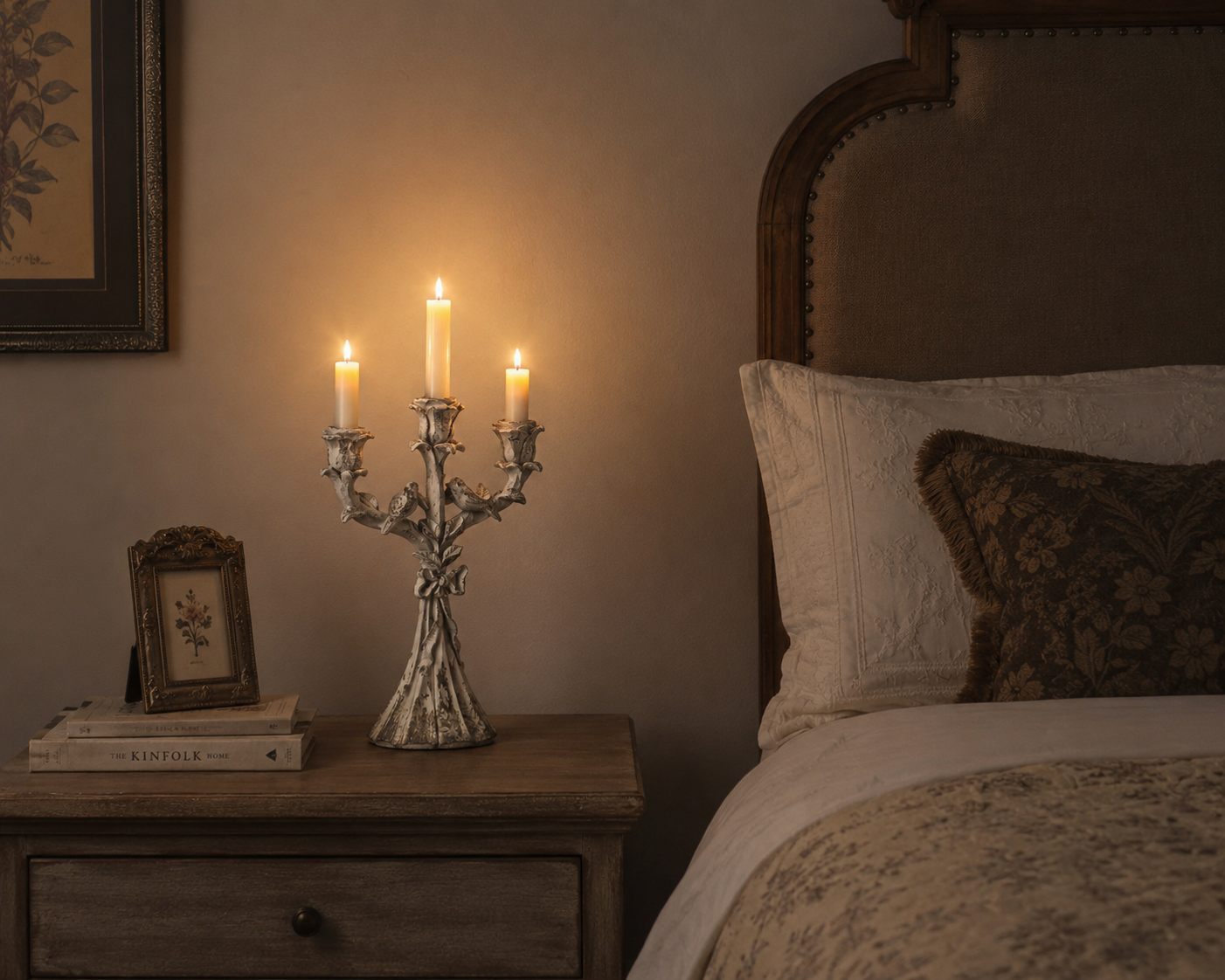 Vintage Ivory Bird Candelabra – Distressed Three-Arm Floral Candle Holder