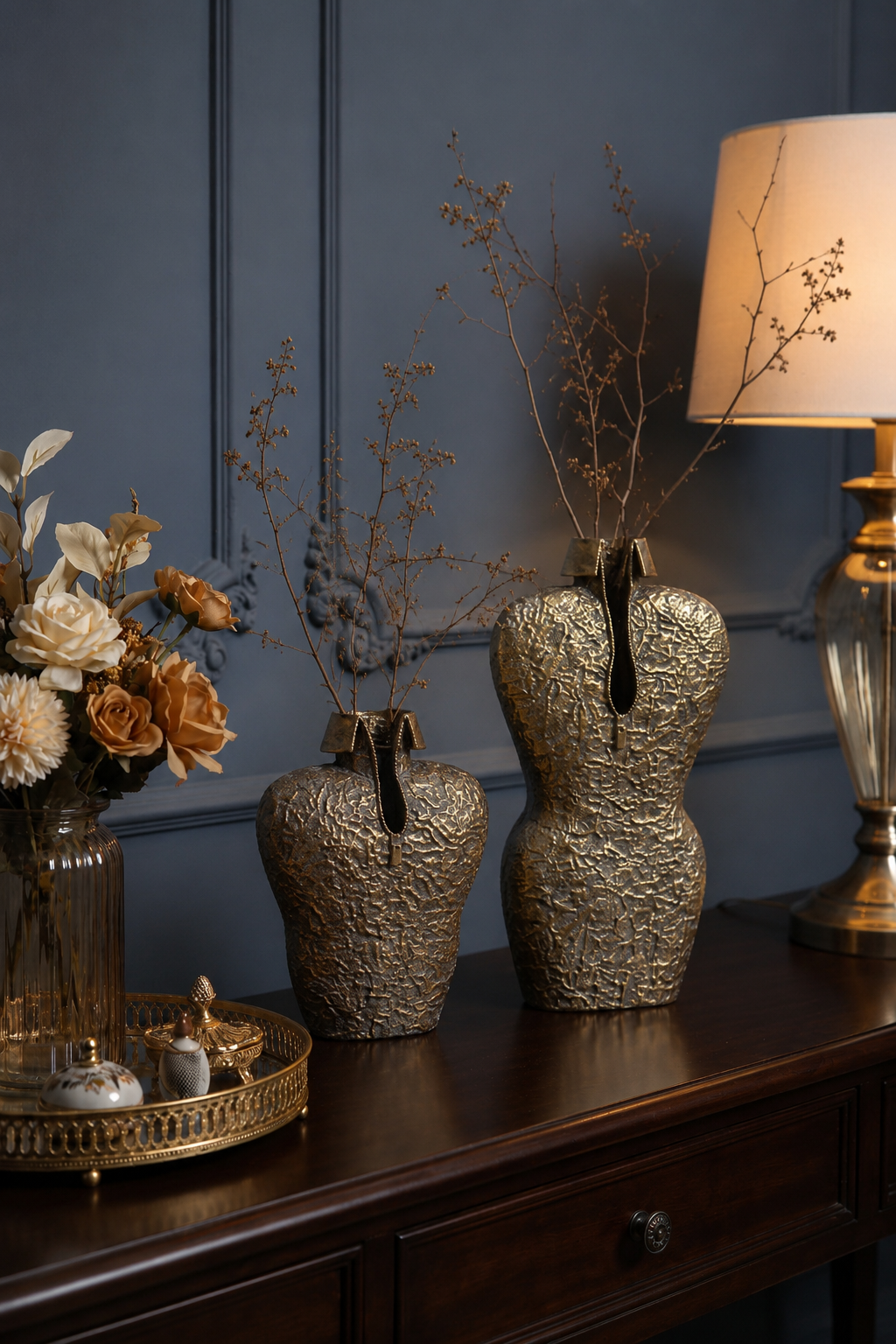 Antique Gold Sculptural Metal Vase – Textured Statement Floor & Console Vase