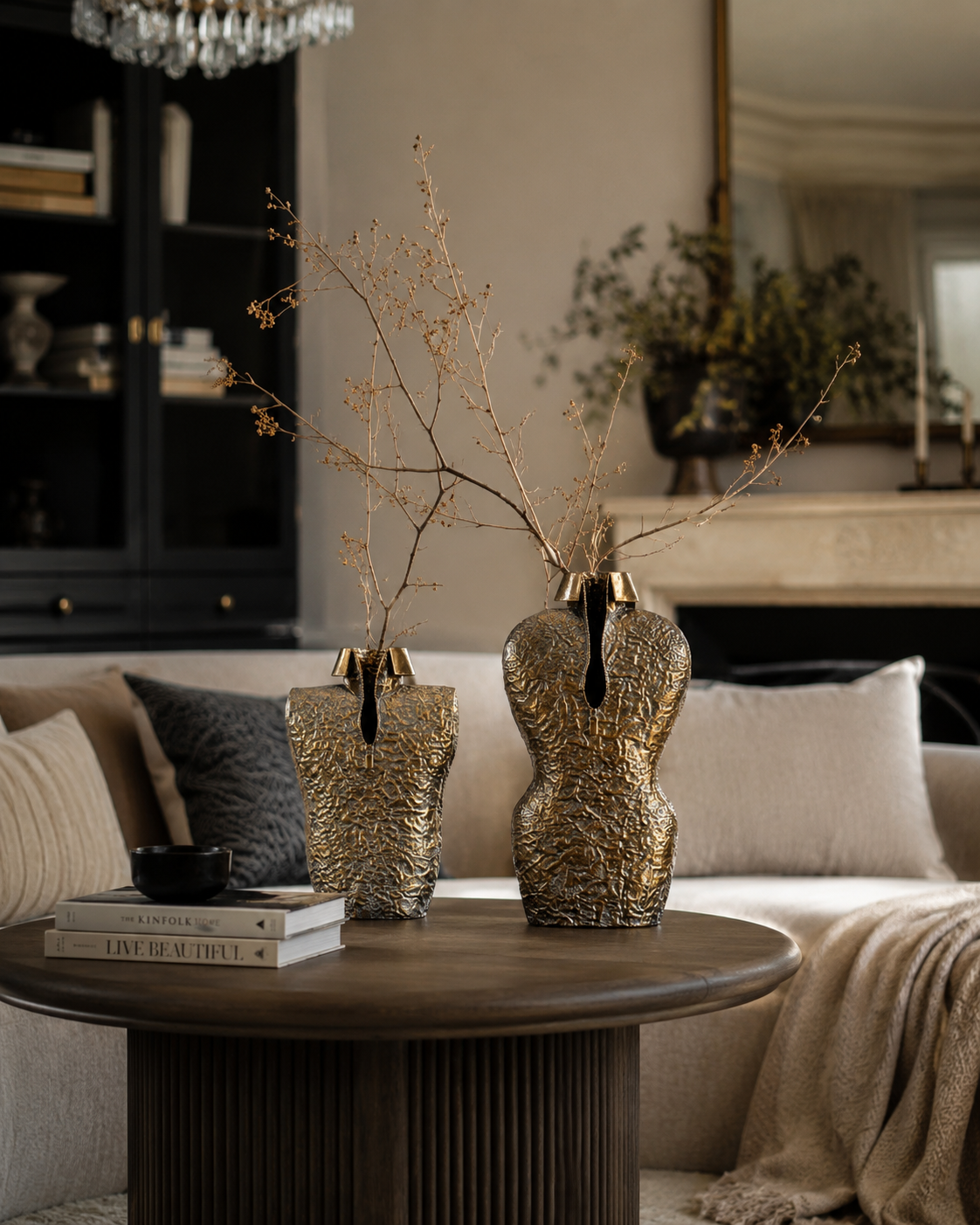 Antique Gold Sculptural Metal Vase – Textured Statement Floor & Console Vase