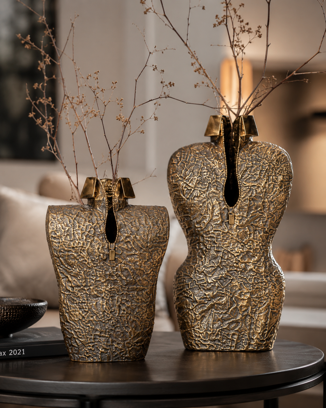 Antique Gold Sculptural Metal Vase – Textured Statement Floor & Console Vase