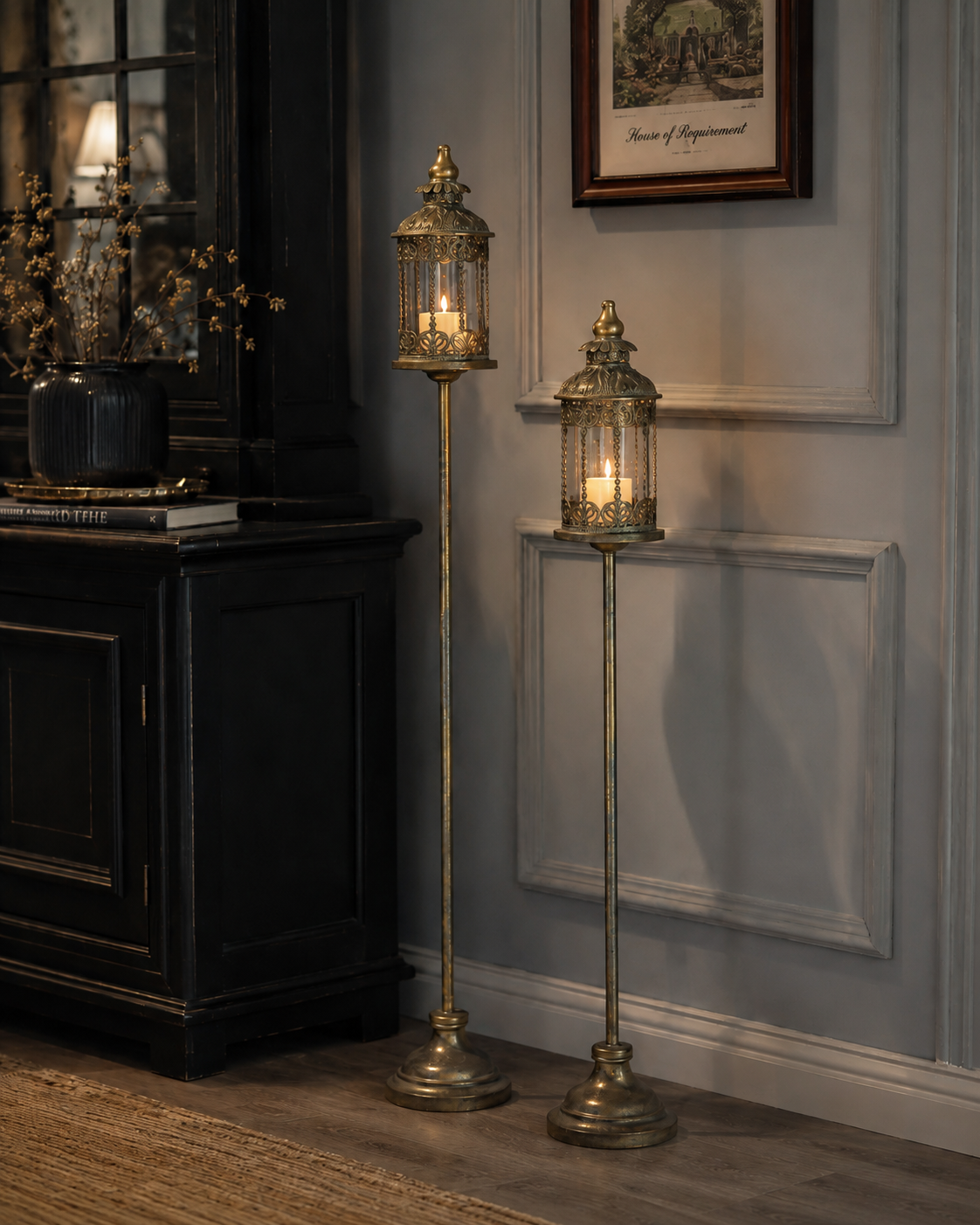 Antique Brass Floor Lantern Candle Holder – Ornate Vintage Pillar Candle Stand