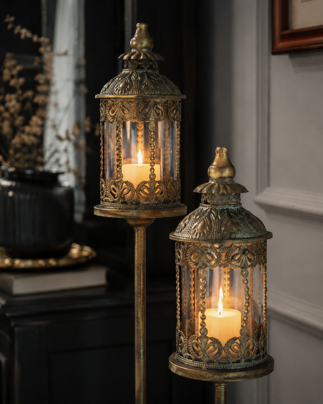 Antique Brass Floor Lantern Candle Holder – Ornate Vintage Pillar Candle Stand