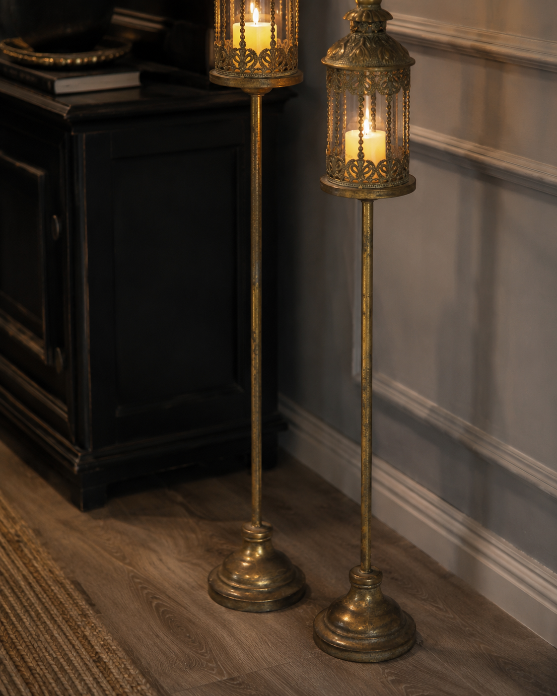 Antique Brass Floor Lantern Candle Holder – Ornate Vintage Pillar Candle Stand