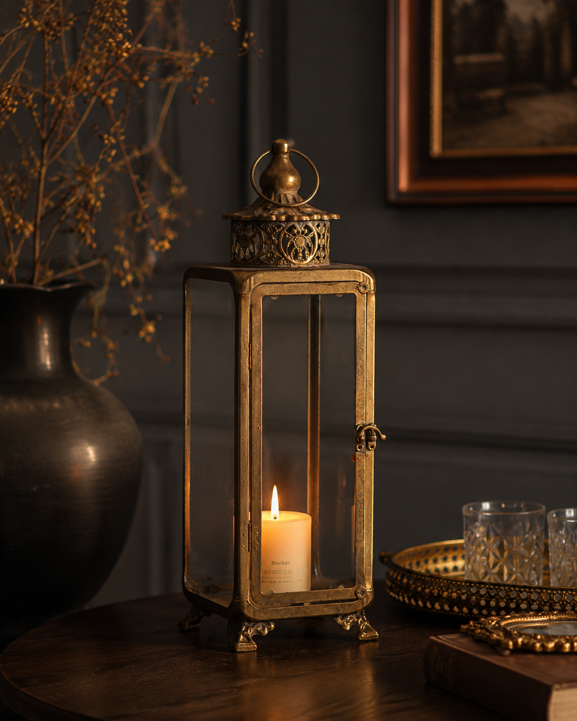 Aurevale Vintage Brass Glass Lantern Metal Candle Holder