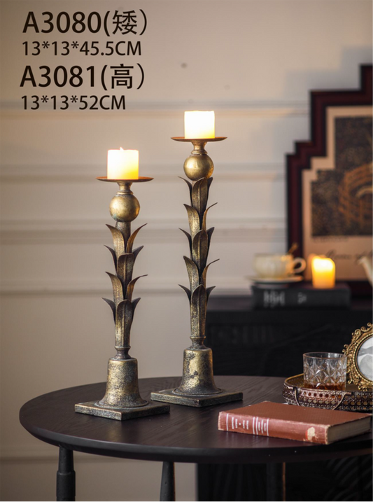 Rustic Antique Gold Candle Holder Set – Vintage Leaf Design Stands