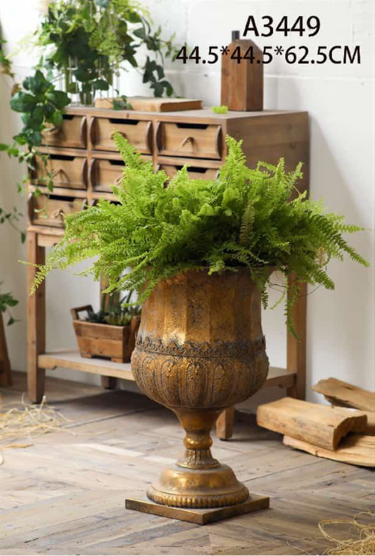 Grand Vintage Metal Urn Planter on Pedestal – Large Rustic Floor Vase Décor