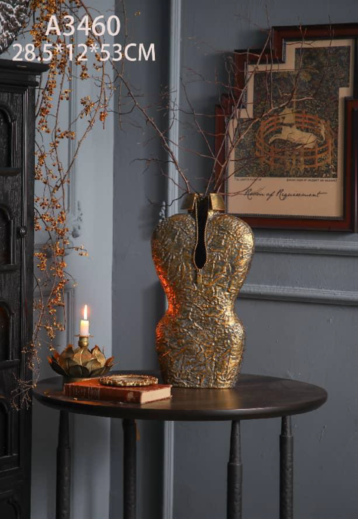 Antique Gold Sculptural Metal Vase – Textured Statement Floor & Console Vase