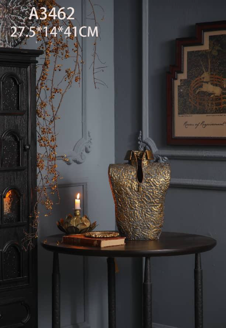 Antique Gold Sculptural Metal Vase – Textured Statement Floor & Console Vase