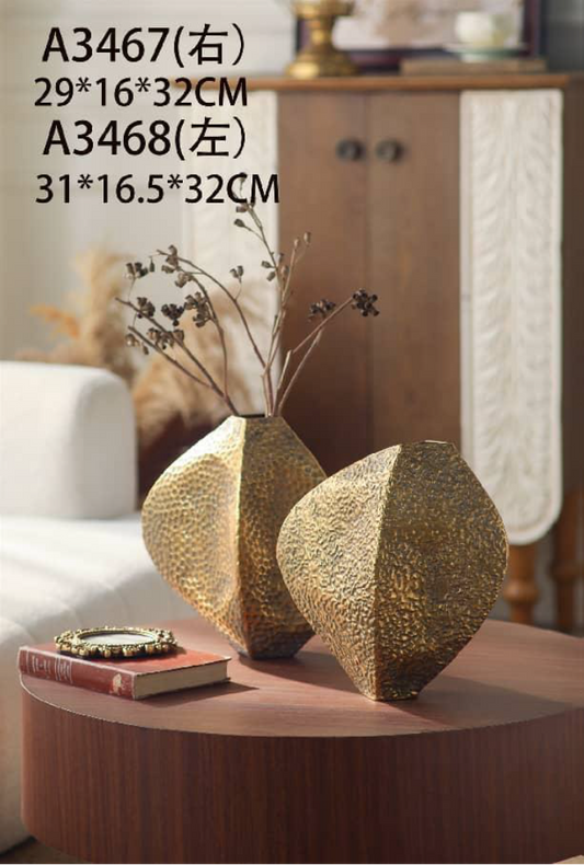 Geometric Hammered Gold Metal Vase  – Modern Rustic Sculptural Décor