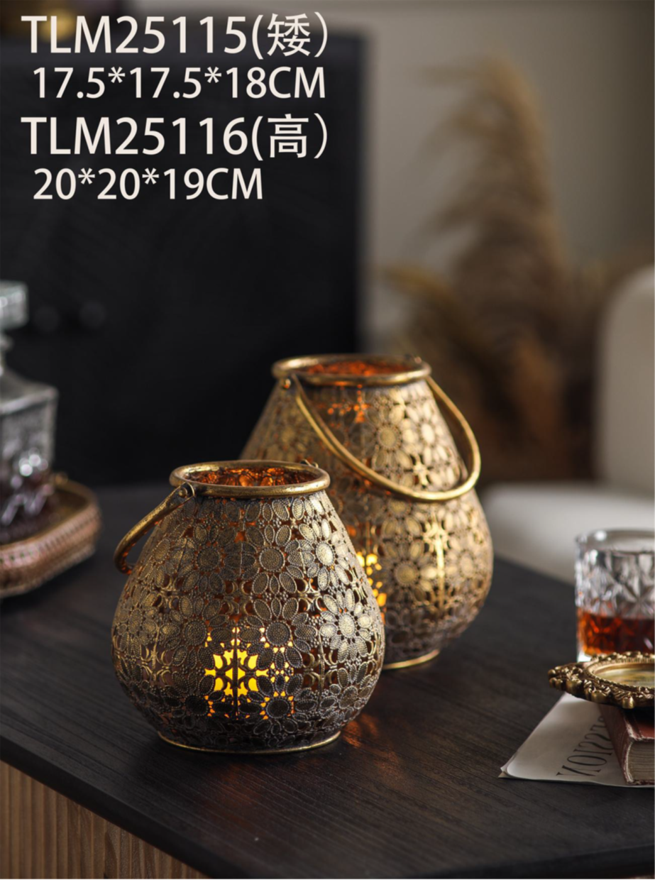 Rustic Antique Metal Lantern Set – Floral Cutwork Candle Holders