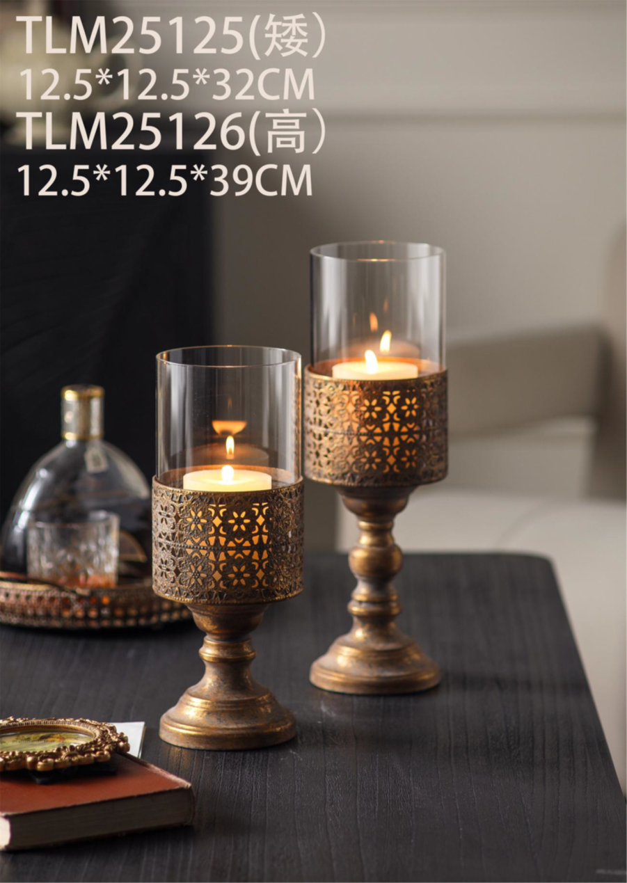 Rustic Glass Candle Holder Set – Vintage Metal Base Lantern Stands