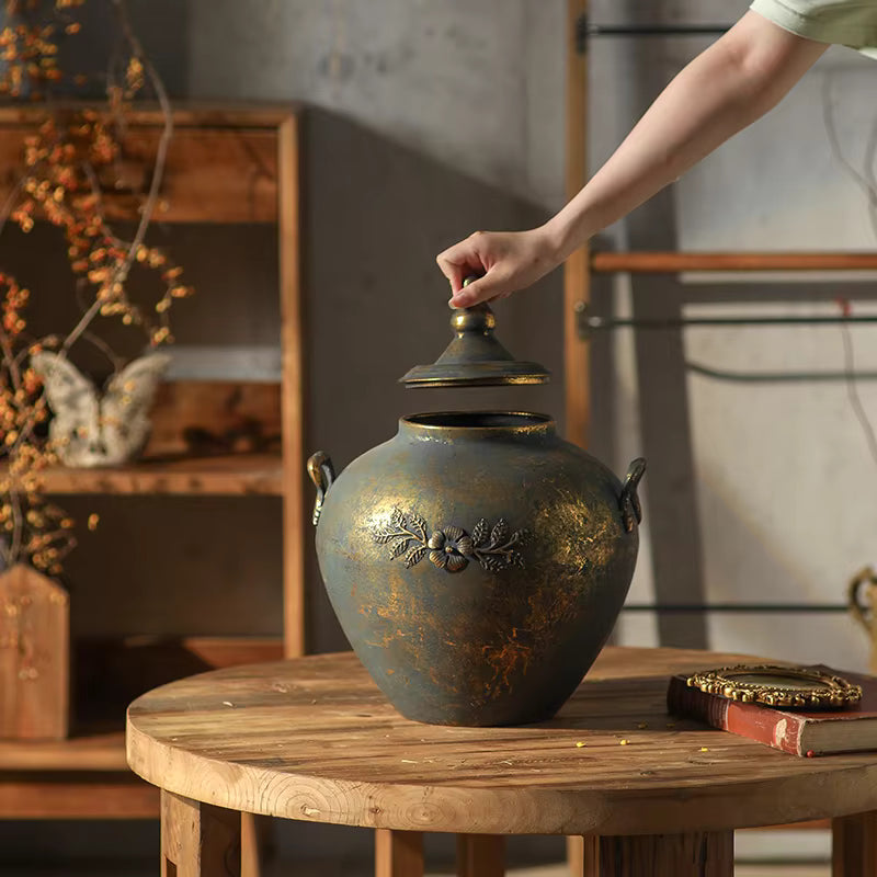 Antique Ember Metal Urn Vase – Rustic Heritage Statement Piece